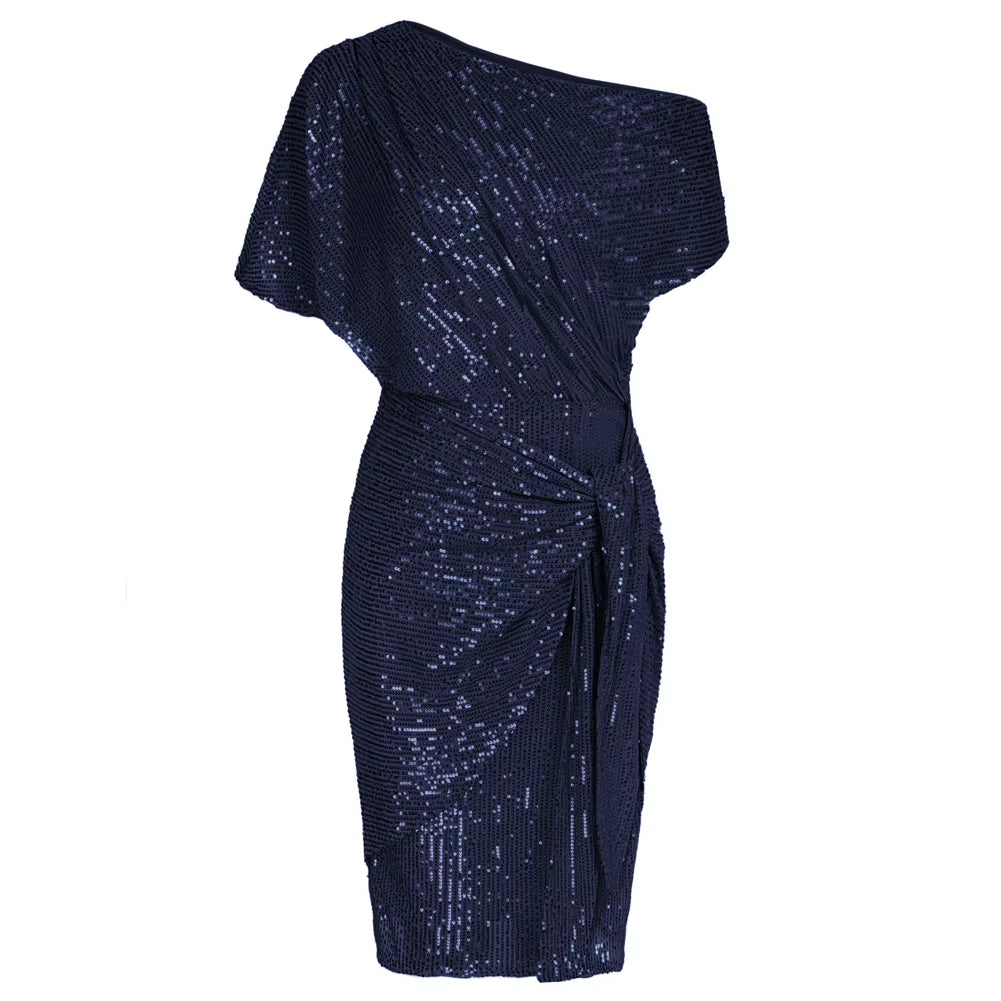 Cocktail Dresses for Women Sequined Party Dress Summer Ruched Short Sleeve Asymmetric off Shoulder Bodycon Dress Vestidos