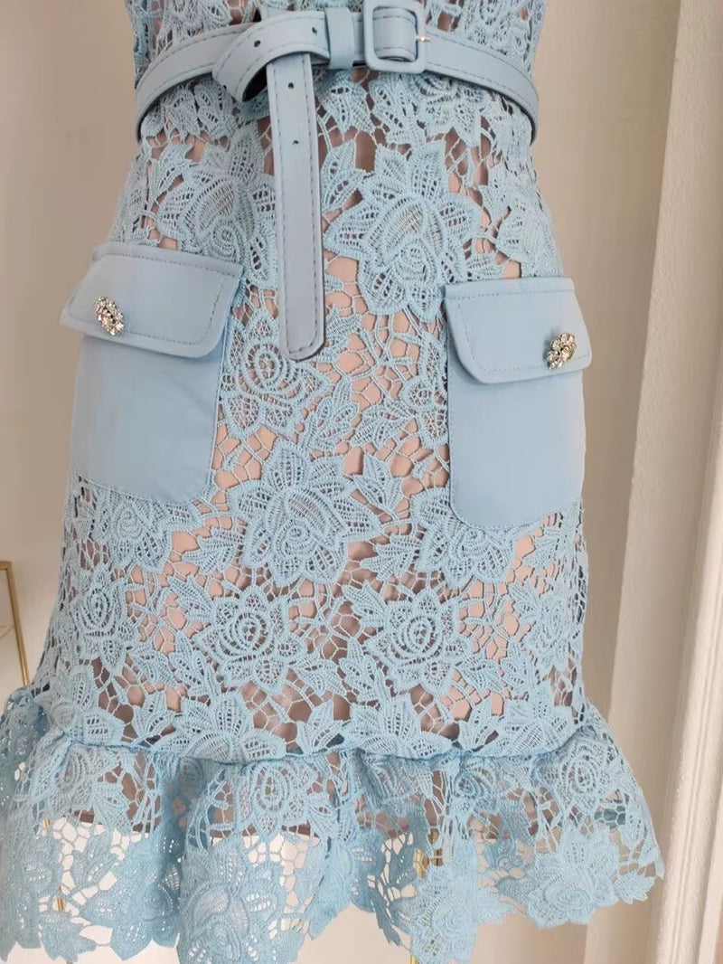 Elegant Summer Lace Dress for Women with Floral Embroidery, Diamond Buttons, Belted Waist, and Ruffle